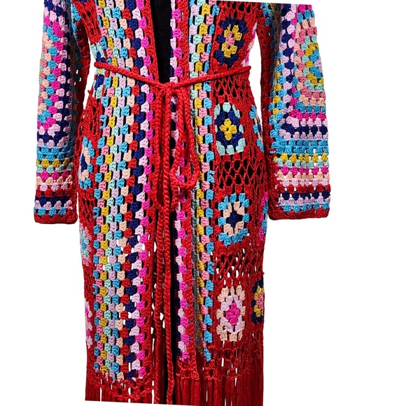 Boho Crochet Granny Square Kimono Cardigan Red Fringe Multicolor One Size - Picture 4 of 8